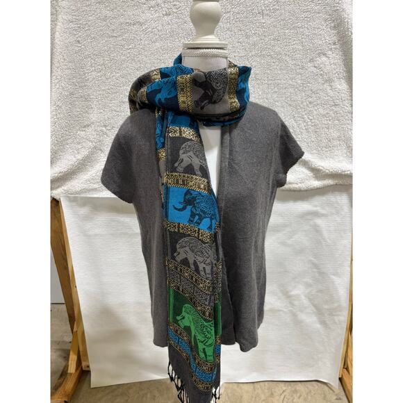 Pashmina 100% Cashmere Elephant Shawl Scarf Metallic Green Blue Gray  novelty - Picture 2 of 9